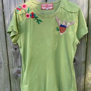 JWLA army Green T-Shirt with Embroidered Eagle and Floral Design
